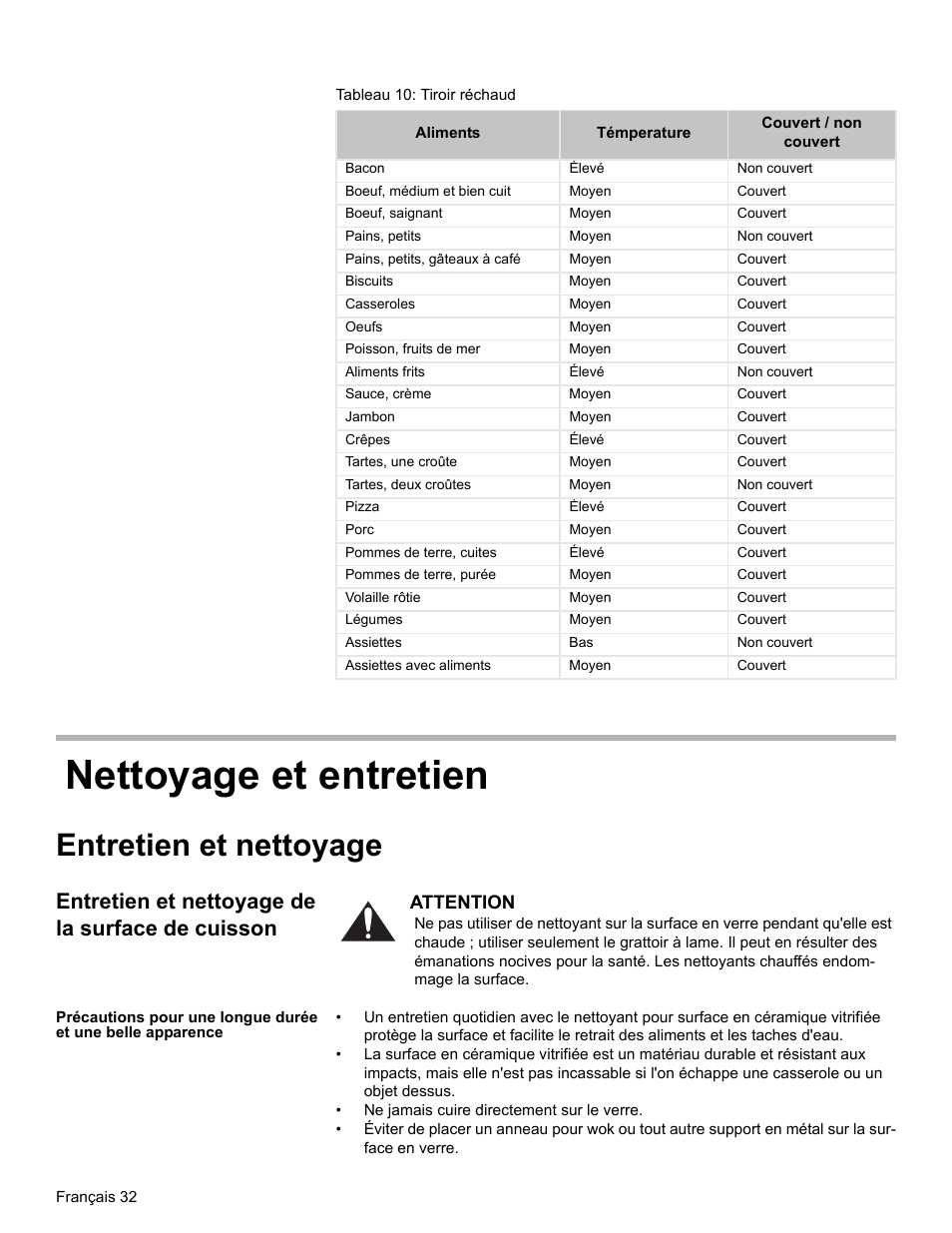 Tableau 10: tiroir réchaud, Nettoyage et entretien, Entretien et nettoyage | Entretien et nettoyage de la surface de cuisson | Bosch Electric Range with Magnetic Control Knob and European Convection User Manual | Page 76 / 132