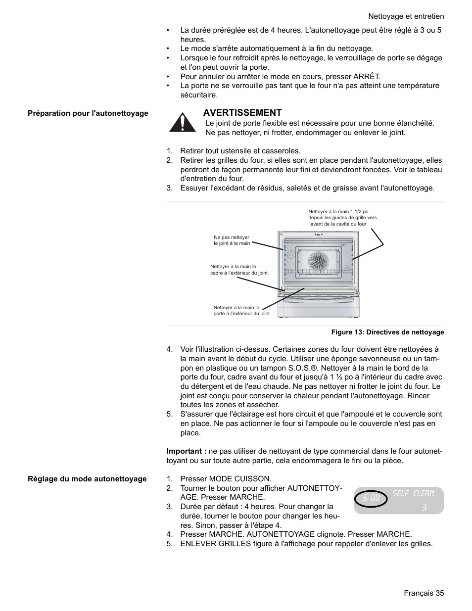 Préparation pour l'autonettoyage, Retirer tout ustensile et casseroles, Figure 13: directives de nettoyage | Réglage du mode autonettoyage, Presser mode cuisson | Bosch Electric Range with Magnetic Control Knob and European Convection User Manual | Page 79 / 132