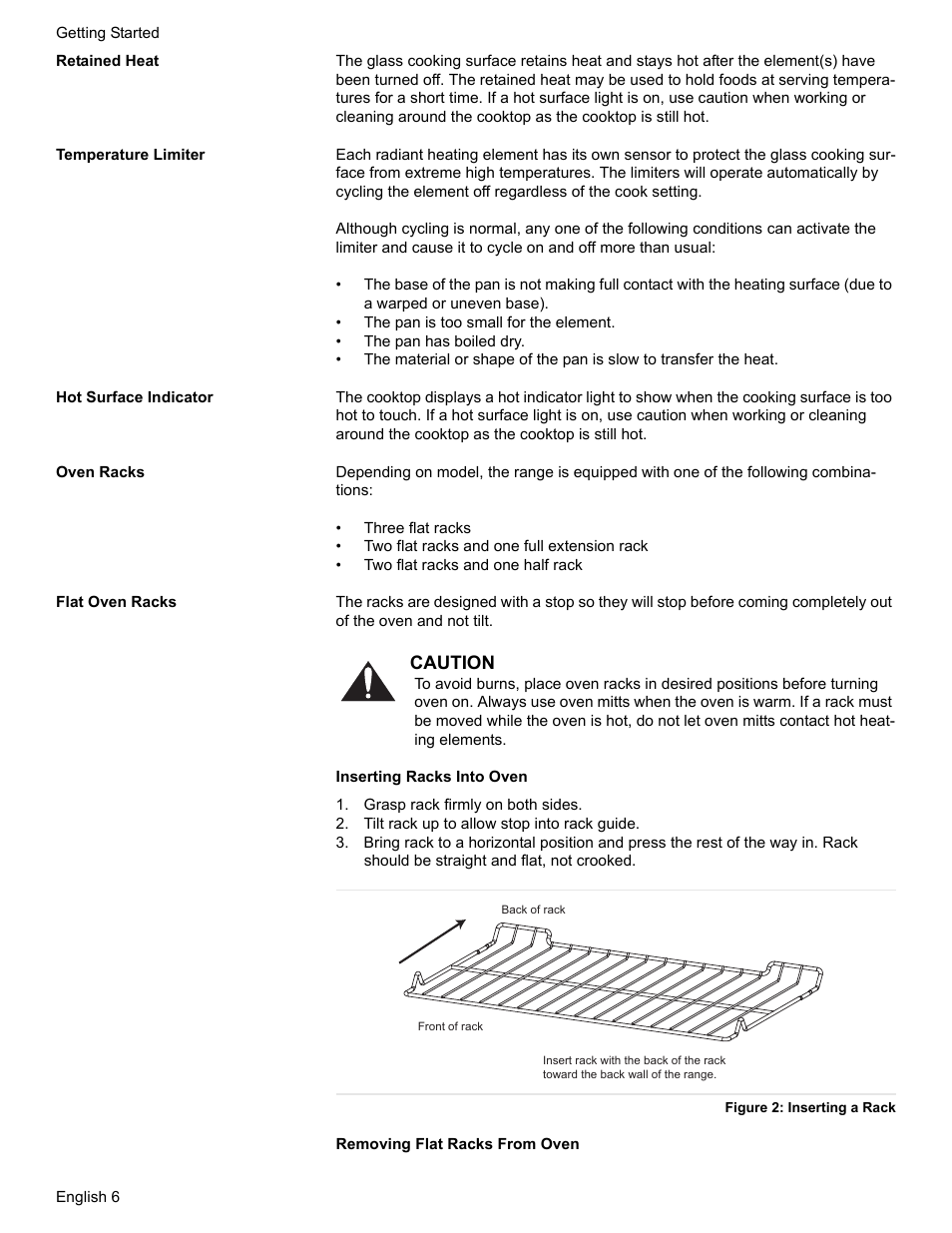 Retained heat, Temperature limiter, Hot surface indicator | Oven racks, Flat oven racks, Grasp rack firmly on both sides, Tilt rack up to allow stop into rack guide, Figure 2: inserting a rack | Bosch Electric Range with Magnetic Control Knob and European Convection User Manual | Page 8 / 132