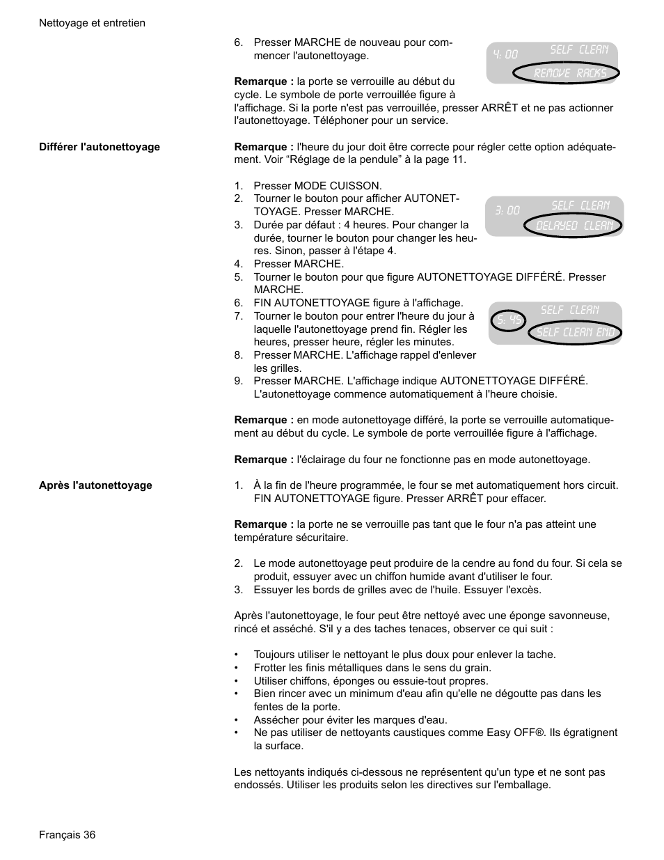 Remove racks, Différer l'autonettoyage, Presser mode cuisson | Presser marche, Fin autonettoyage figure à l'affichage, Après l'autonettoyage | Bosch Electric Range with Magnetic Control Knob and European Convection User Manual | Page 80 / 132