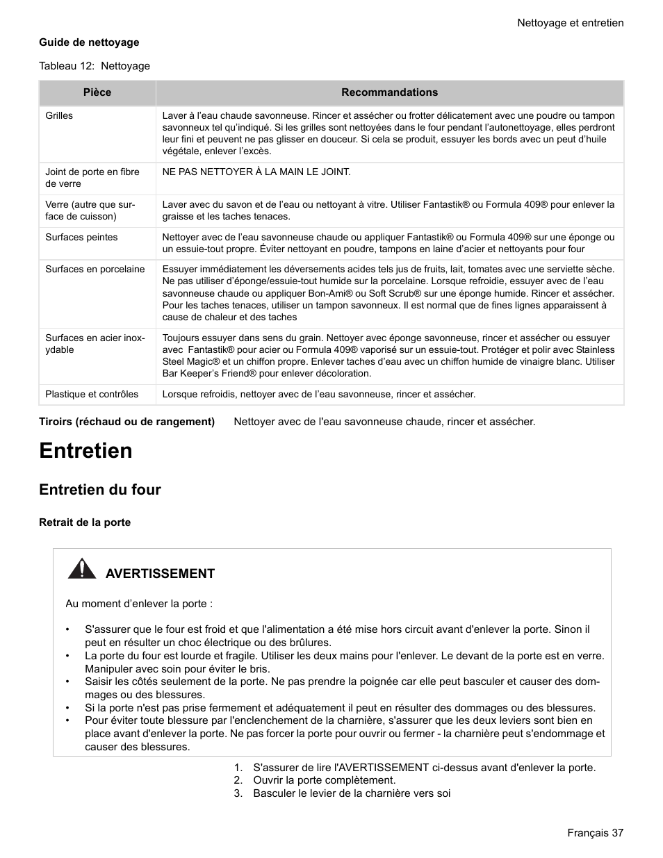 Guide de nettoyage, Tableau 12: nettoyage, Tiroirs (réchaud ou de rangement) | Entretien, Entretien du four, Retrait de la porte, Ouvrir la porte complètement, Basculer le levier de la charnière vers soi | Bosch Electric Range with Magnetic Control Knob and European Convection User Manual | Page 81 / 132