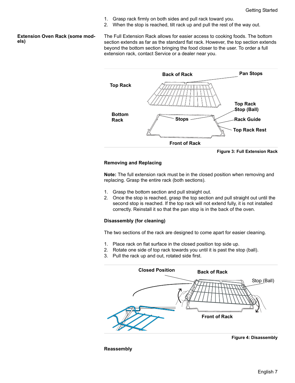 Extension oven rack (some models), Figure 3: full extension rack, Grasp the bottom section and pull straight out | Pull the rack up and out, rotated side first, Figure 4: disassembly | Bosch Electric Range with Magnetic Control Knob and European Convection User Manual | Page 9 / 132