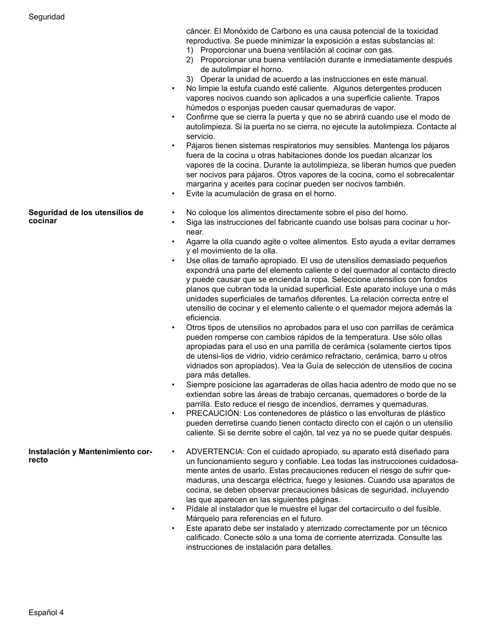 Seguridad de los utensilios de cocinar, Instalación y mantenimiento correcto | Bosch Electric Range with Magnetic Control Knob and European Convection User Manual | Page 92 / 132