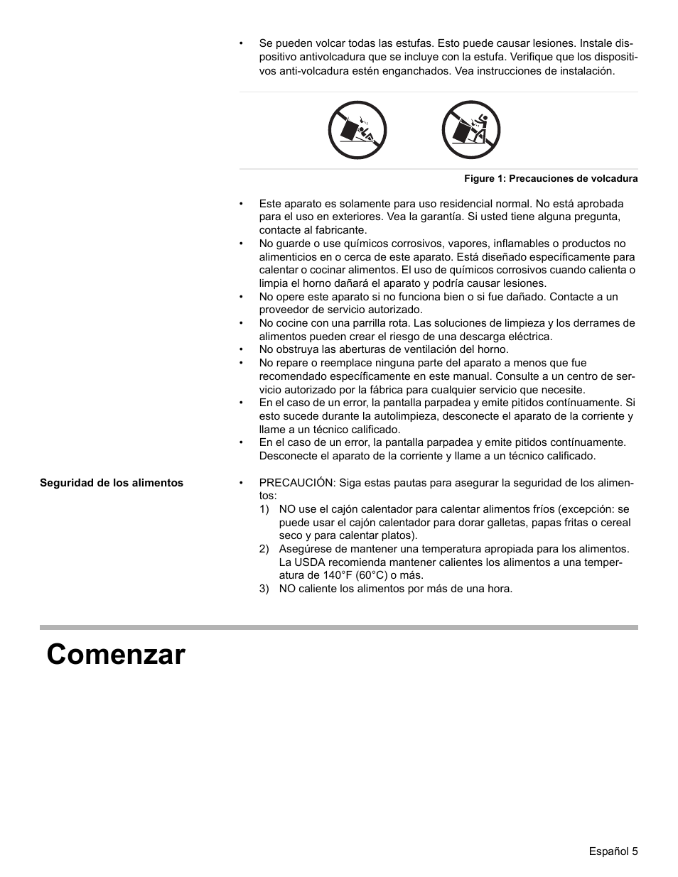 Figure 1: precauciones de volcadura, Seguridad de los alimentos, Comenzar | Bosch Electric Range with Magnetic Control Knob and European Convection User Manual | Page 93 / 132