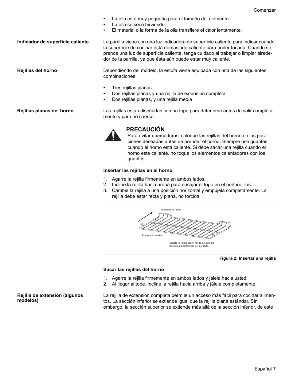 Indicador de superficie caliente, Rejillas del horno, Rejillas planas del horno | Agarre la rejilla firmemente en ambos lados, Figura 2: insertar una rejilla, Rejilla de extensión (algunos modelos), Precaución | Bosch Electric Range with Magnetic Control Knob and European Convection User Manual | Page 95 / 132