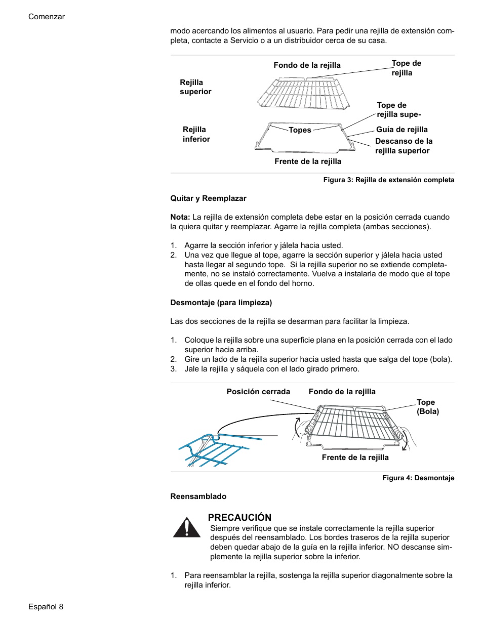 Figura 3: rejilla de extensión completa, Agarre la sección inferior y jálela hacia usted, Figura 4: desmontaje | Bosch Electric Range with Magnetic Control Knob and European Convection User Manual | Page 96 / 132