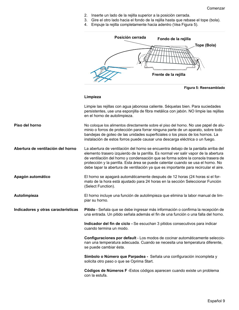 Figura 5: reensamblado, Piso del horno, Abertura de ventilación del horno | Apagón automático, Autolimpieza, Indicadores y otras características | Bosch Electric Range with Magnetic Control Knob and European Convection User Manual | Page 97 / 132