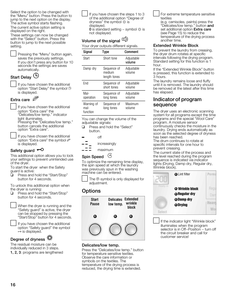 Options, Indicator of program sequence | Bosch WTMC8521UC User Manual | Page 16 / 80