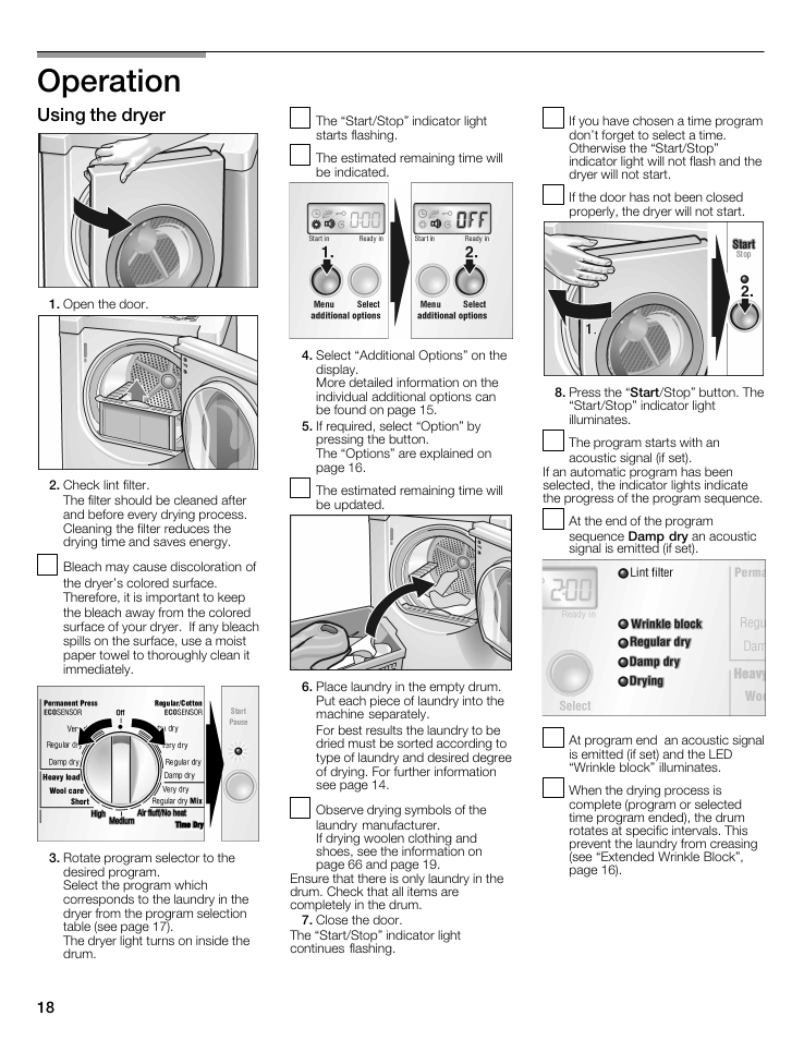 Operation, Using the dryer | Bosch WTMC8521UC User Manual | Page 18 / 80