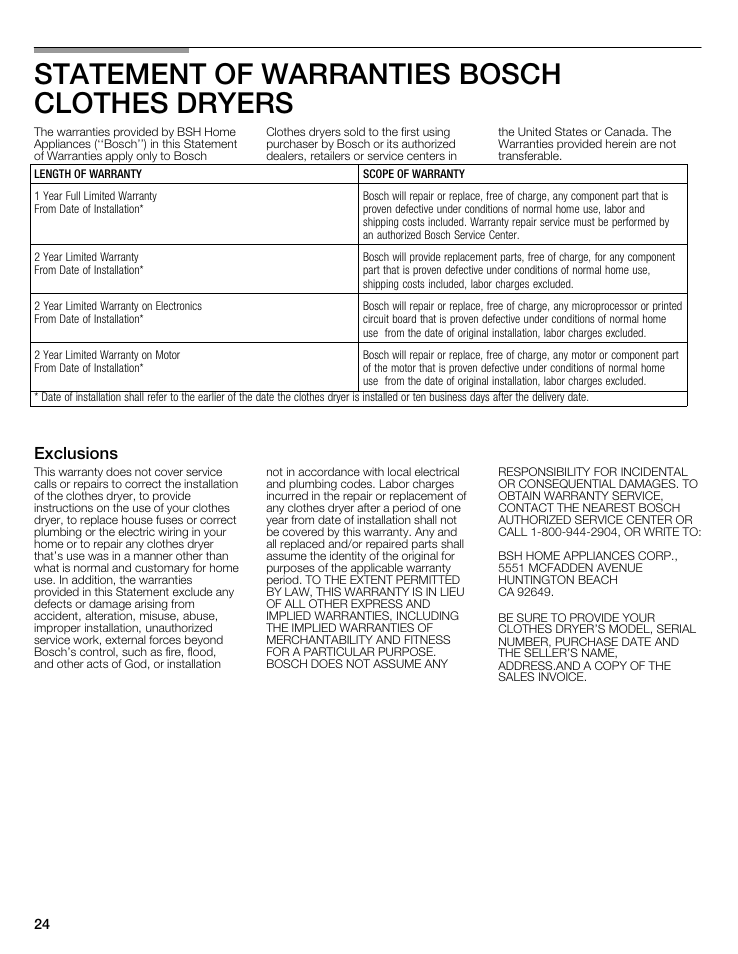 Statement of warranties bosch clothes dryers, Exclusions | Bosch WTMC8521UC User Manual | Page 24 / 80