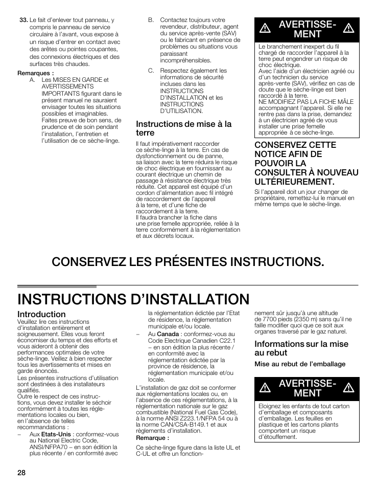 Instructions d'installation, Conservez les présentes instructions, Avertisseć ment | Instructions de mise à la terre, Introduction, Informations sur la mise au rebut | Bosch WTMC8521UC User Manual | Page 28 / 80