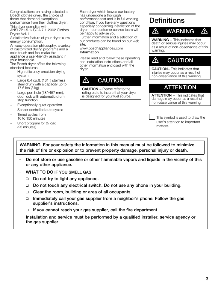 Definitions d, Caution, Warning | Attention | Bosch WTMC8521UC User Manual | Page 3 / 80
