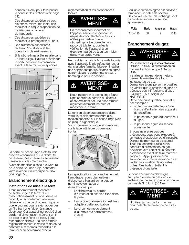 Avertisseć ment, Branchement électrique, Branchement du gaz | Bosch WTMC8521UC User Manual | Page 30 / 80