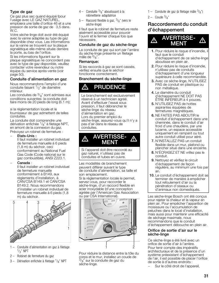 Prudence, Avertisseć ment, Raccordement du conduit d'échappement | Bosch WTMC8521UC User Manual | Page 31 / 80