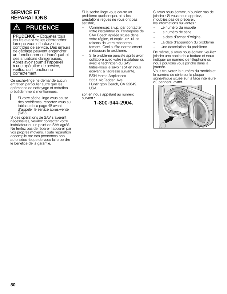 Prudence, Service et réparations | Bosch WTMC8521UC User Manual | Page 50 / 80