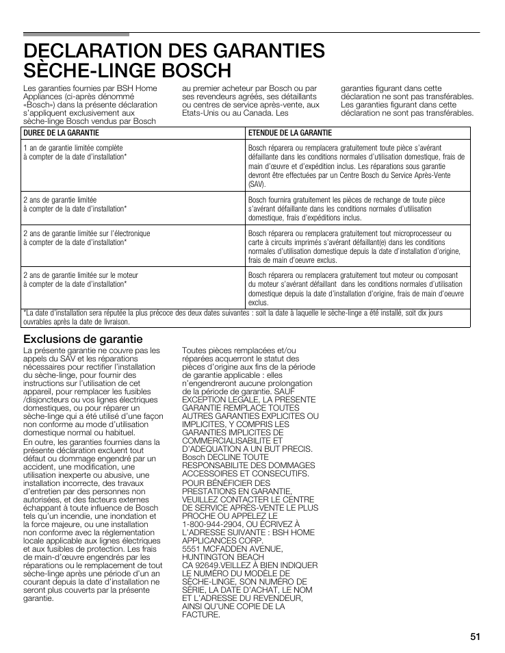 Declaration des garanties sèchećlinge bosch, Exclusions de garantie | Bosch WTMC8521UC User Manual | Page 51 / 80