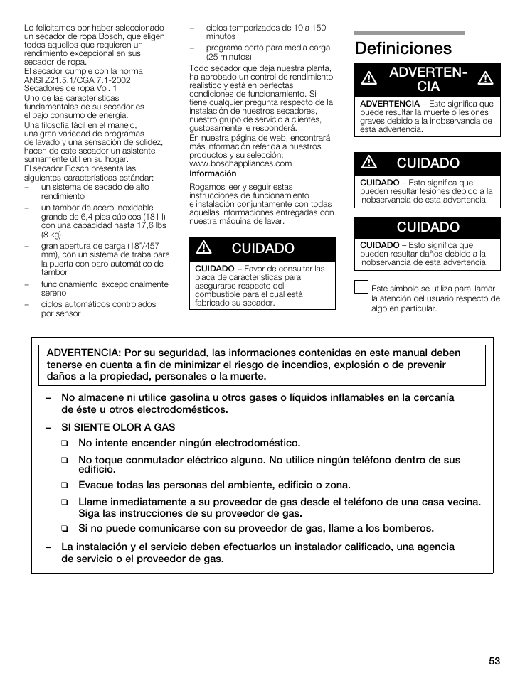 Definiciones d, Cuidado, Advertenć cia | Bosch WTMC8521UC User Manual | Page 53 / 80