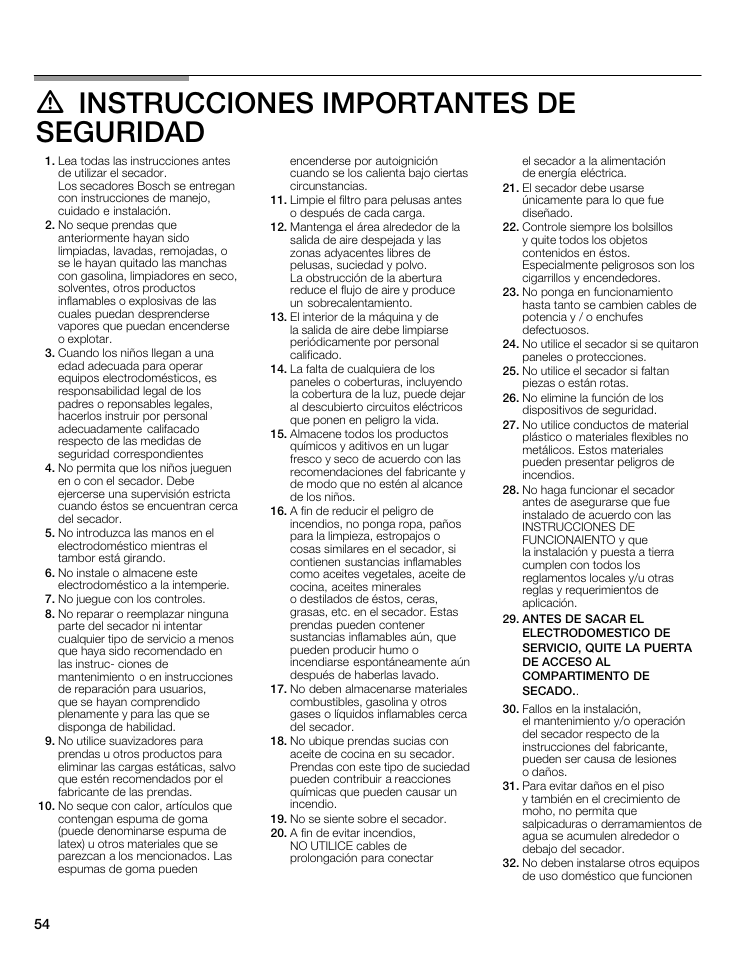 D instrucciones importantes de seguridad | Bosch WTMC8521UC User Manual | Page 54 / 80