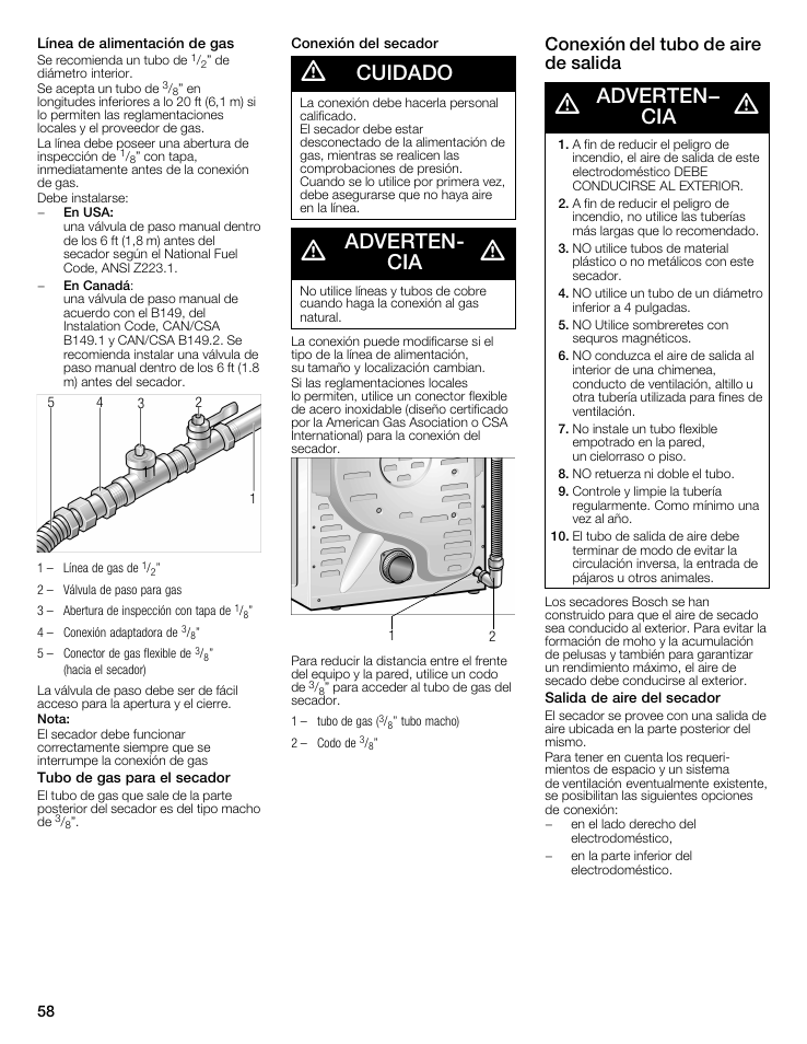 Cuidado, Advertenć cia, Adverten- cia | Conexión del tubo de aire de salida | Bosch WTMC8521UC User Manual | Page 58 / 80