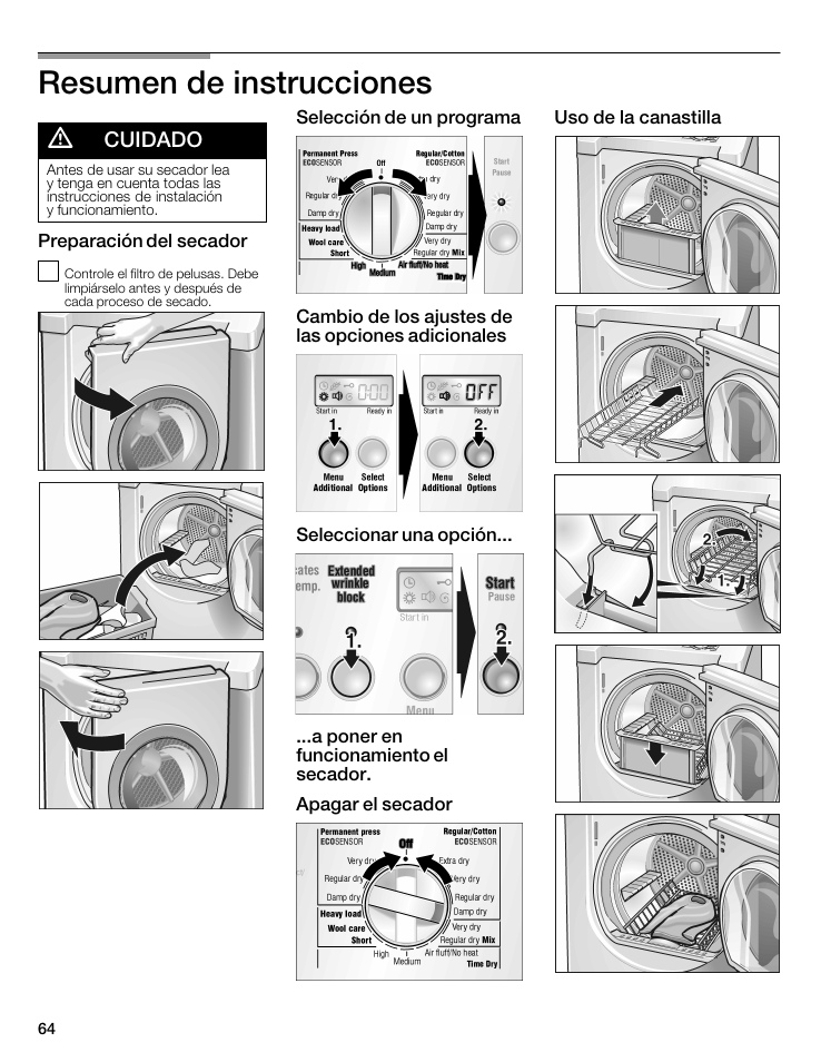 Resumen de instrucciones, Cuidado | Bosch WTMC8521UC User Manual | Page 64 / 80