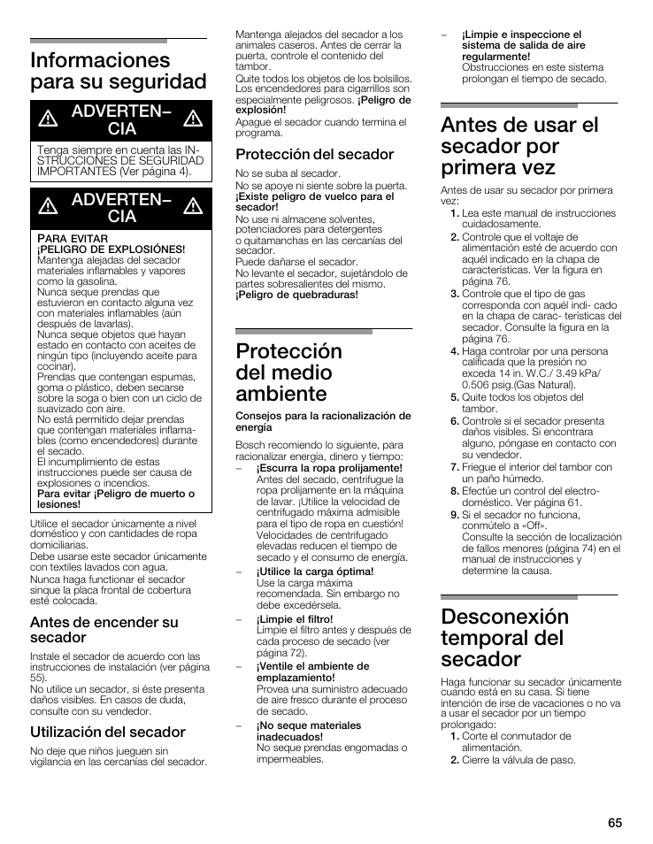 Informaciones para su seguridad d, Protección del medio ambiente, Antes de usar el secador por primera vez | Desconexión temporal del secador, Adverten- cia, Antes de encender su secador, Utilización del secador, Protección del secador | Bosch WTMC8521UC User Manual | Page 65 / 80