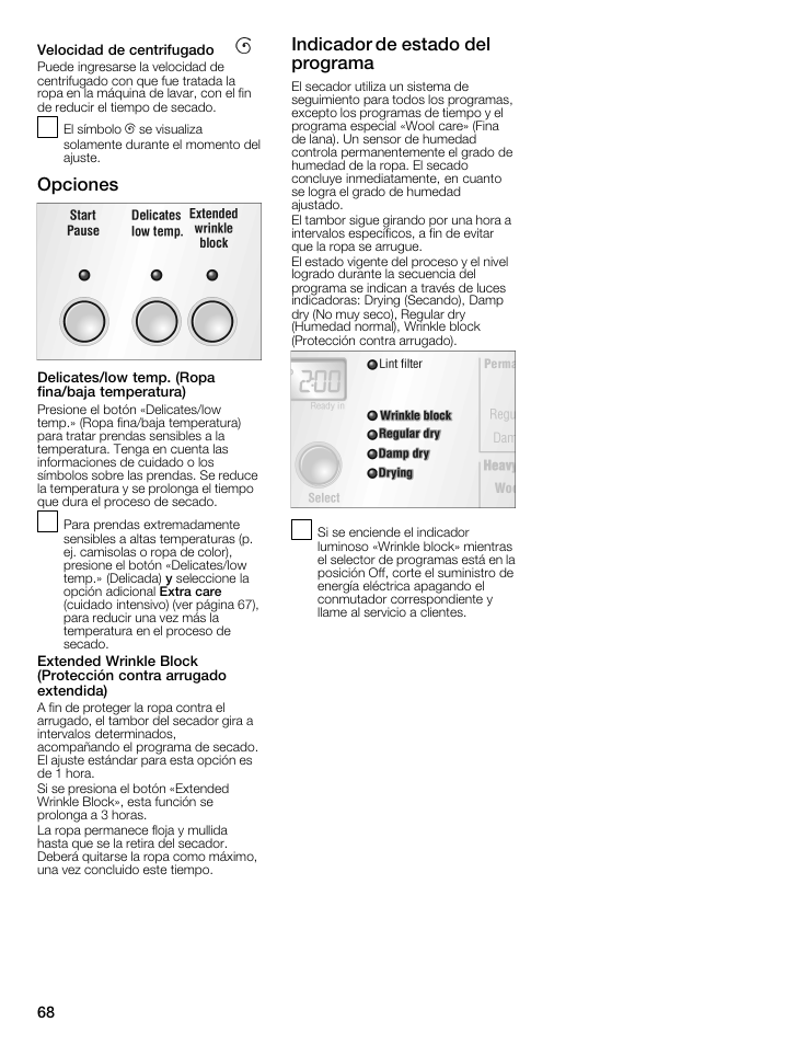 Opciones, Indicador de estado del programa | Bosch WTMC8521UC User Manual | Page 68 / 80