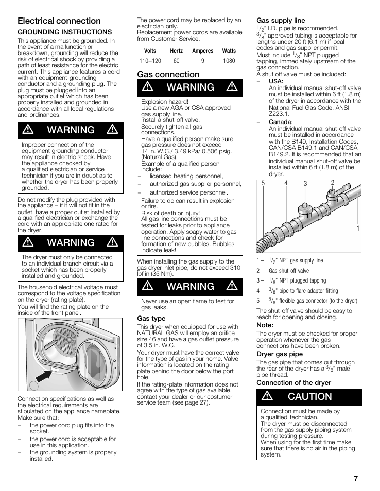 Warning, Caution, Electrical connection | Gas connection | Bosch WTMC8521UC User Manual | Page 7 / 80