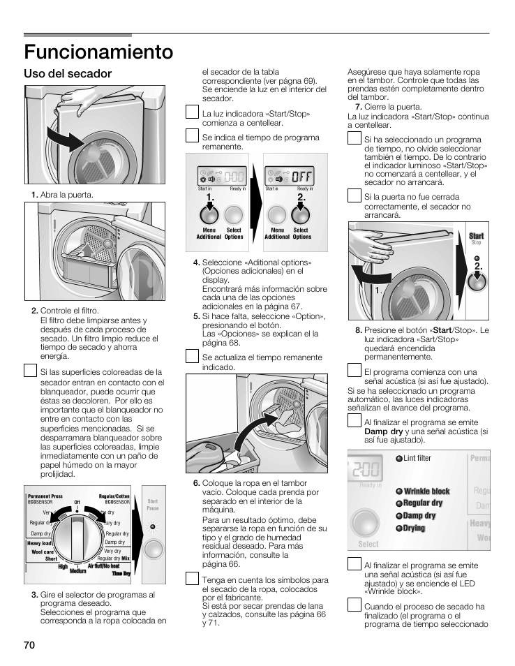 Funcionamiento, Uso del secador | Bosch WTMC8521UC User Manual | Page 70 / 80