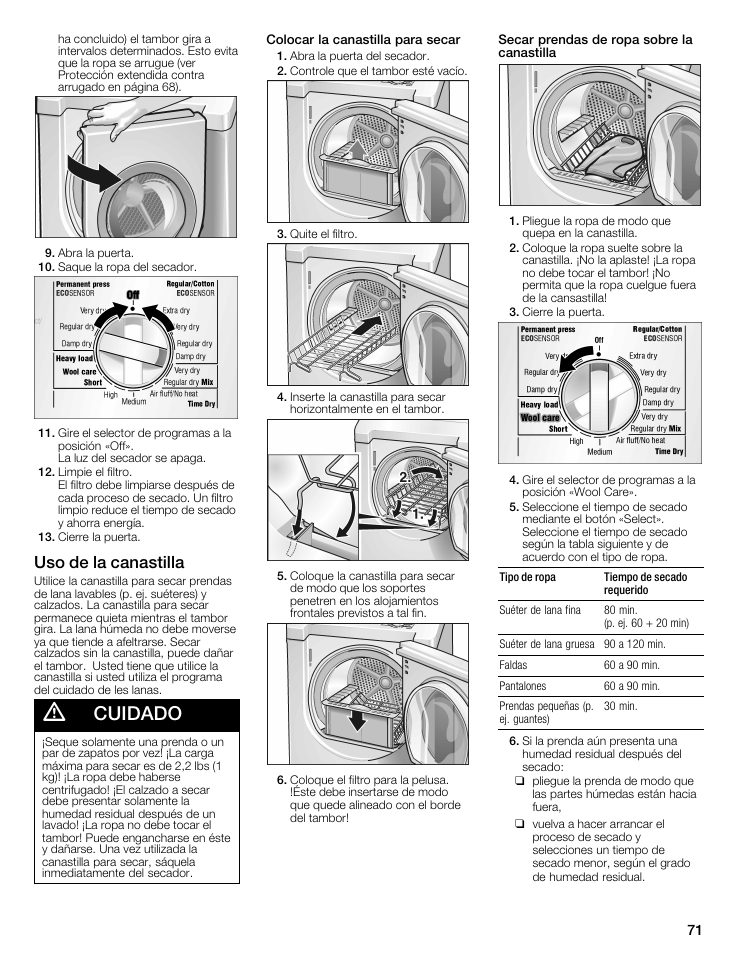 Cuidado, Uso de la canastilla | Bosch WTMC8521UC User Manual | Page 71 / 80