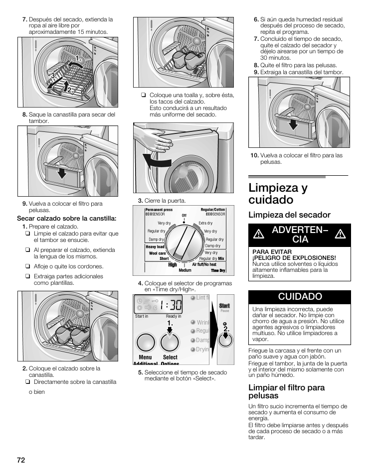 Limpieza y cuidado, Adverten- cia, Cuidado | Limpieza del secador, Limpiar el filtro para pelusas | Bosch WTMC8521UC User Manual | Page 72 / 80