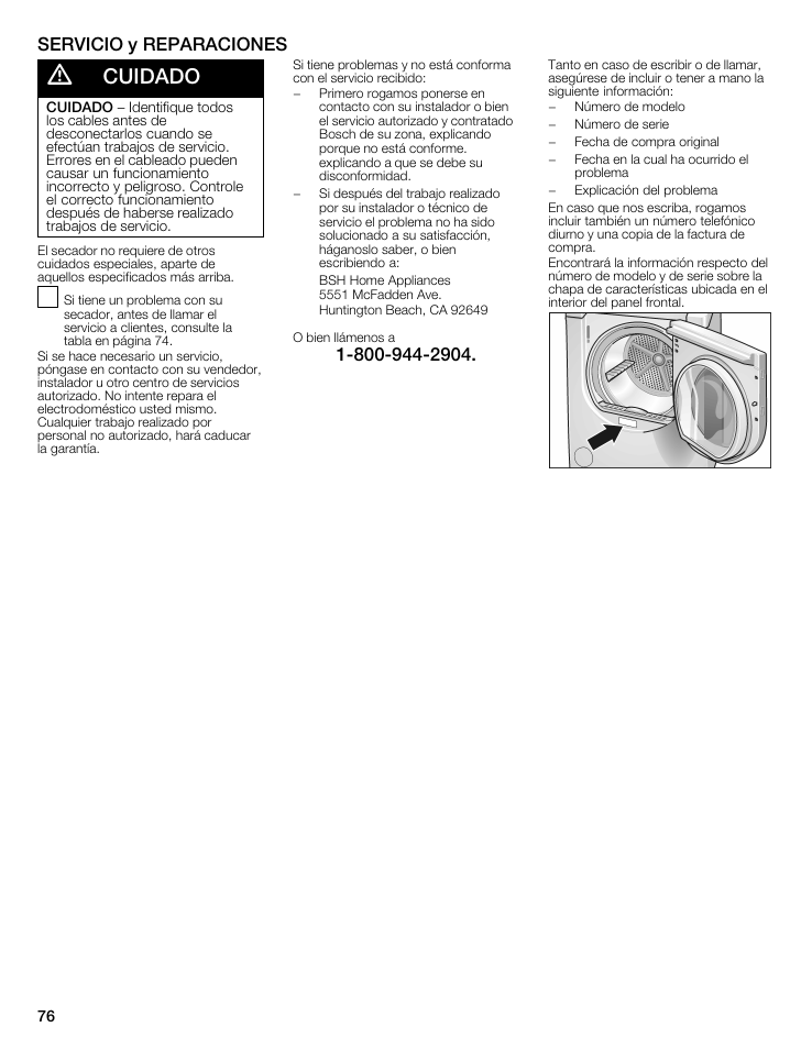 Cuidado, Servicio y reparaciones | Bosch WTMC8521UC User Manual | Page 76 / 80