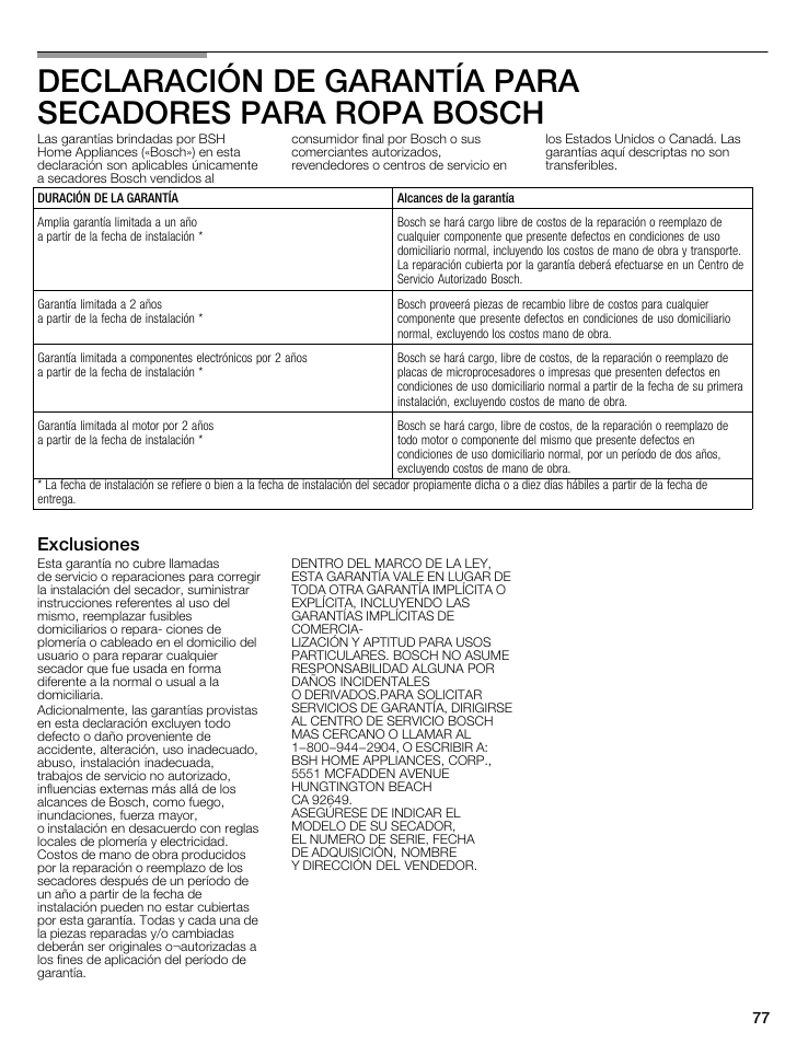 Exclusiones | Bosch WTMC8521UC User Manual | Page 77 / 80