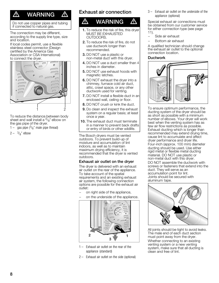 Warning, Exhaust air connection | Bosch WTMC8521UC User Manual | Page 8 / 80