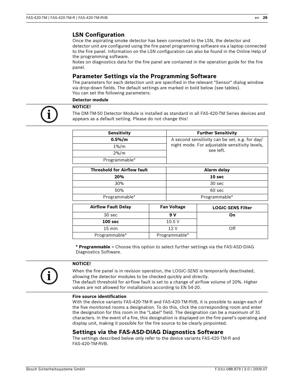 Lsn configuration, Parameter settings via the programming software, Settings via the fas-asd-diag diagnostics software | Bosch FAS-420-TM-RVB User Manual | Page 29 / 98