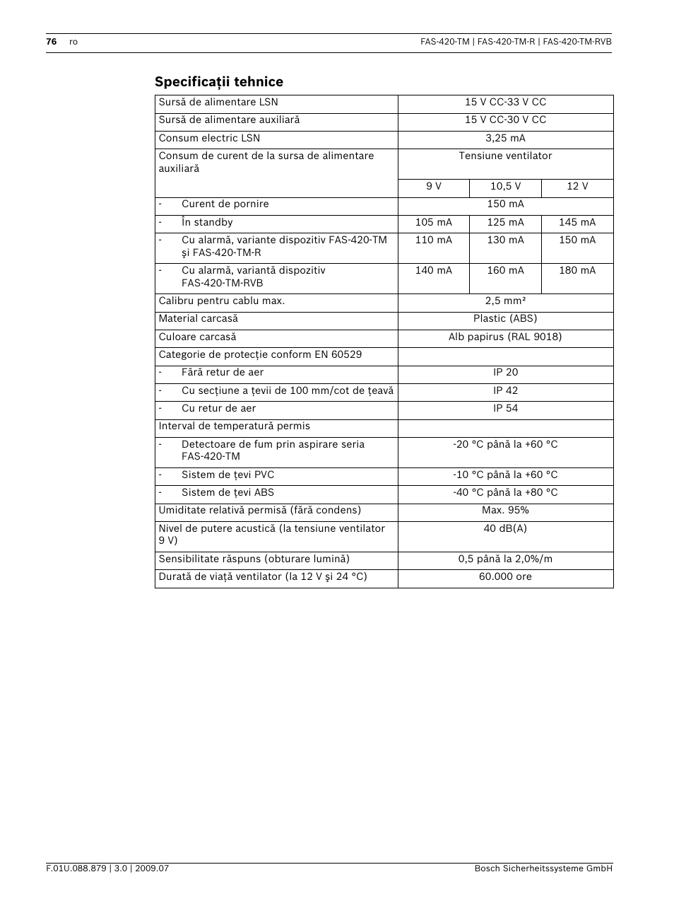 Specificaţii tehnice | Bosch FAS-420-TM-RVB User Manual | Page 76 / 98