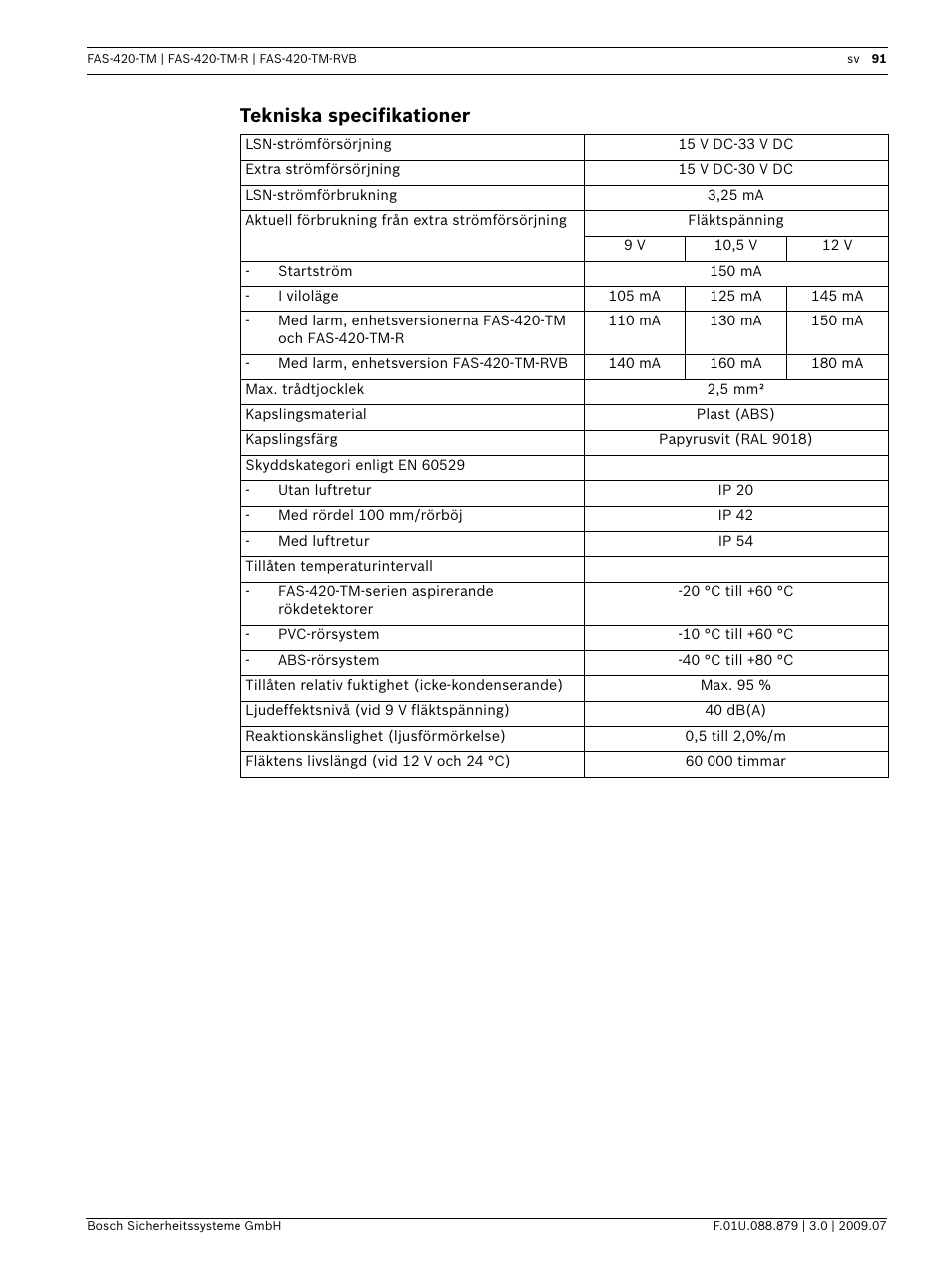 Tekniska specifikationer | Bosch FAS-420-TM-RVB User Manual | Page 91 / 98