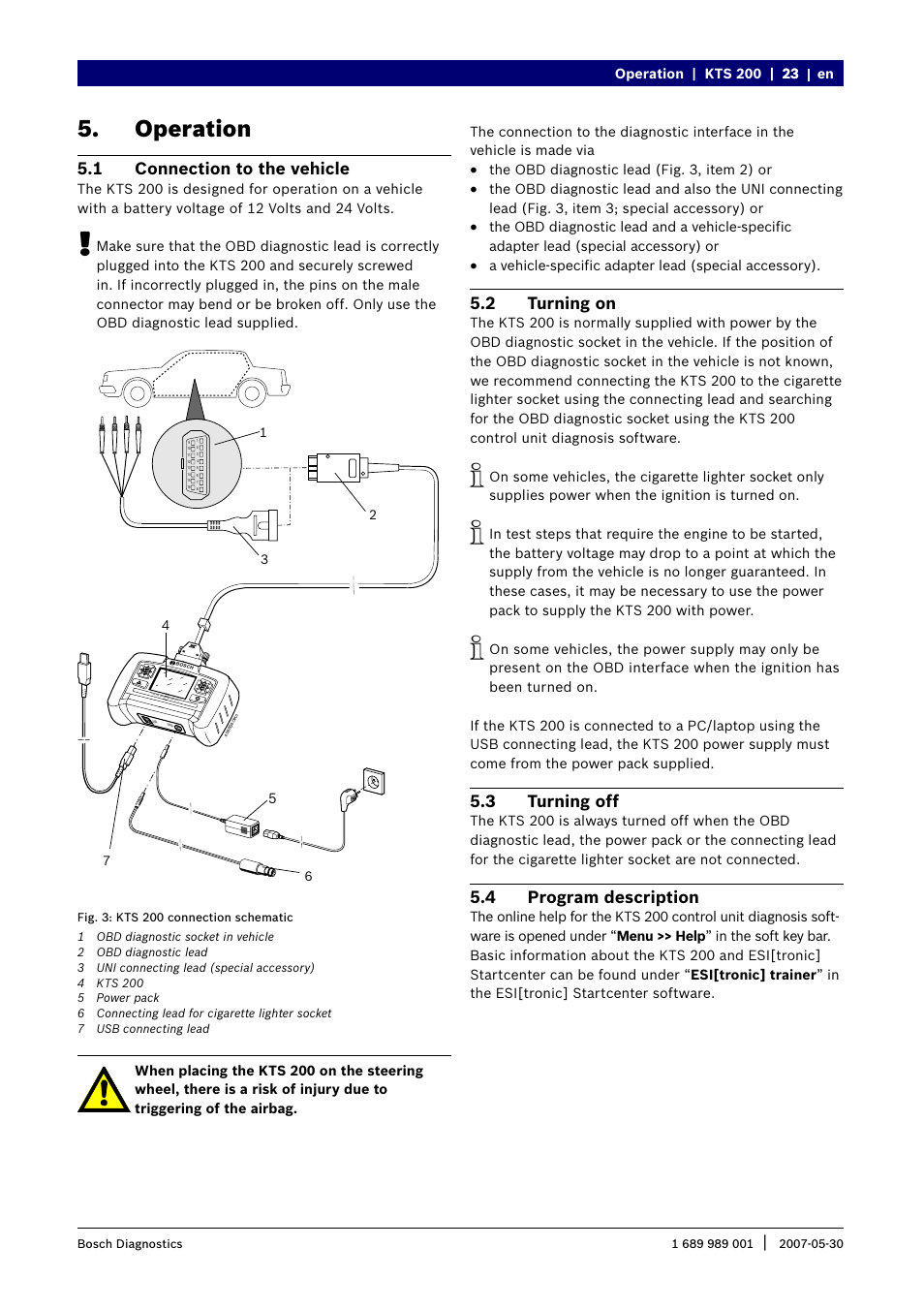 Operation, 1 connection to the vehicle, 2 turning on | 3 turning off, 4 program description | Bosch KTS 200 User Manual | Page 10 / 12