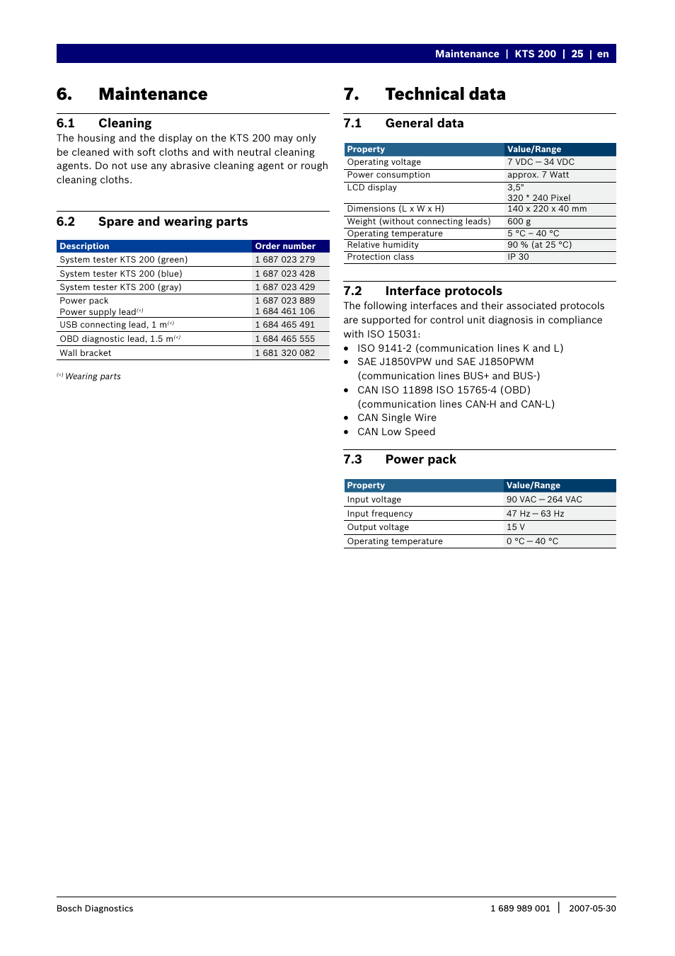 Maintenance, Technical data, 1 cleaning | 2 spare and wearing parts, 1 general data, 2 interface protocols, 3 power pack | Bosch KTS 200 User Manual | Page 12 / 12