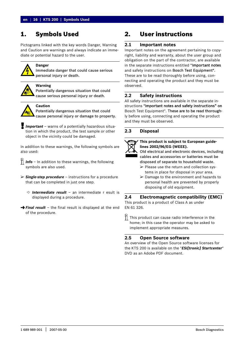 Symbols used, User instructions | Bosch KTS 200 User Manual | Page 3 / 12