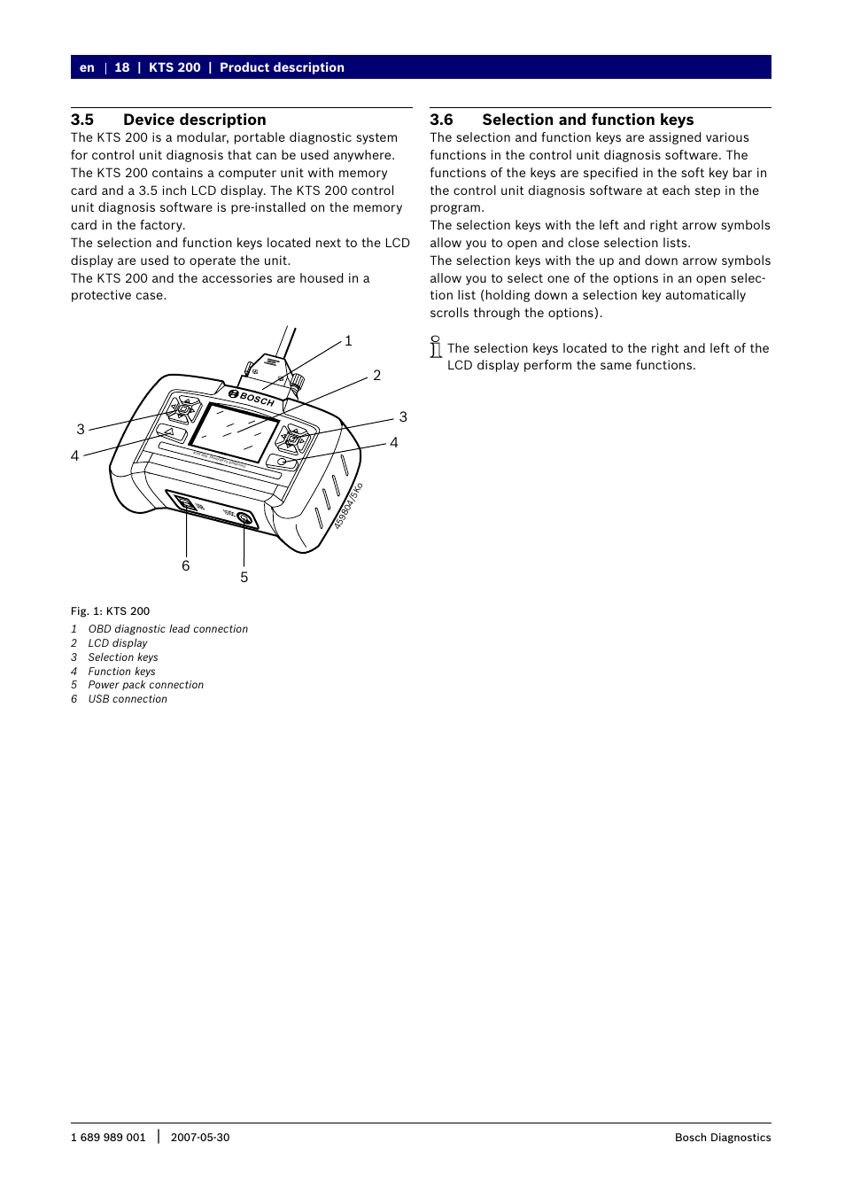 5 device description, 6 selection and function keys | Bosch KTS 200 User Manual | Page 5 / 12