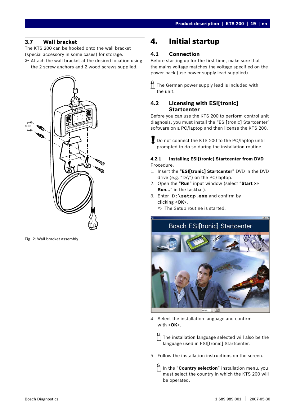 Initial startup, 1 connection, 2 licensing with esi[tronic] startcenter | 7 wall bracket | Bosch KTS 200 User Manual | Page 6 / 12