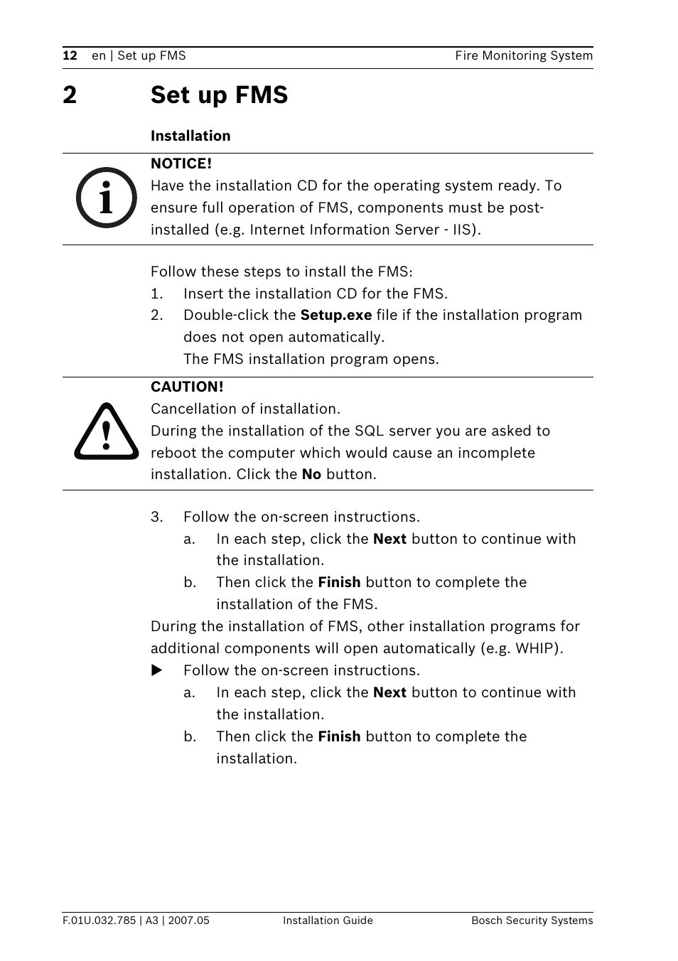 2set up fms | Bosch FSM-2000 User Manual | Page 12 / 40