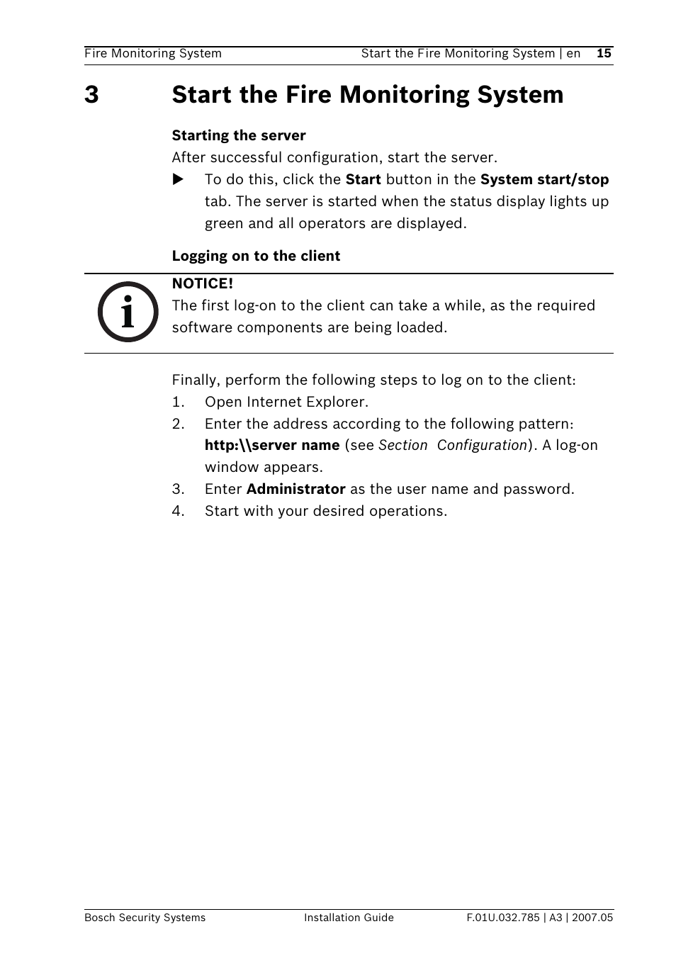 3start the fire monitoring system | Bosch FSM-2000 User Manual | Page 15 / 40