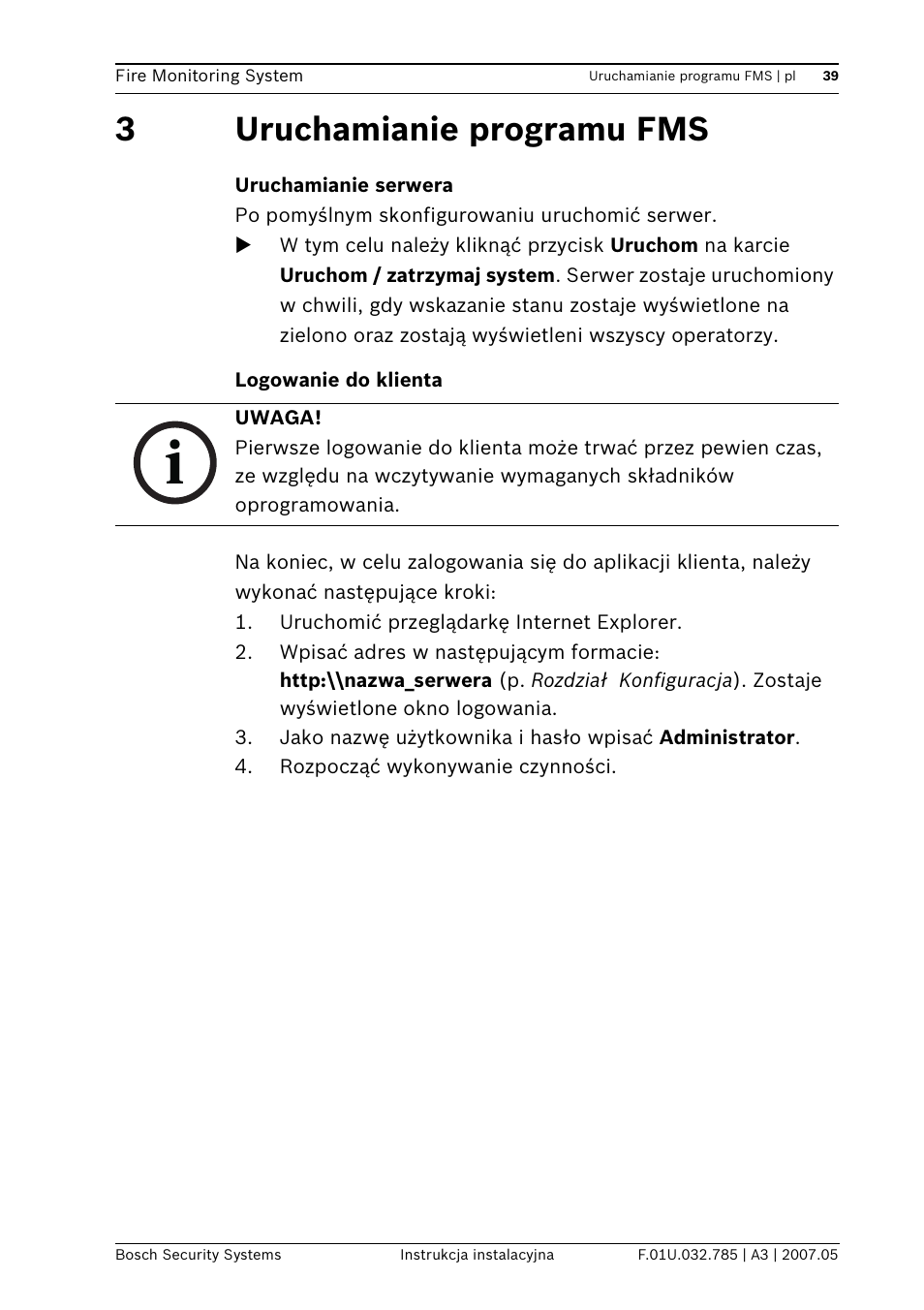 3uruchamianie programu fms | Bosch FSM-2000 User Manual | Page 39 / 40
