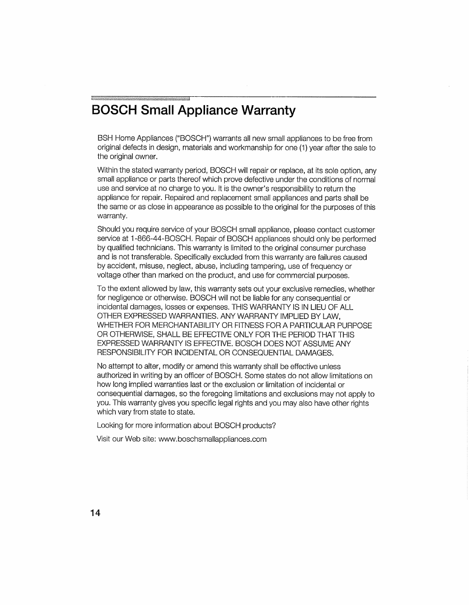 Bosch small appliance warranty | Bosch MFQ 2100 UC User Manual | Page 14 / 15