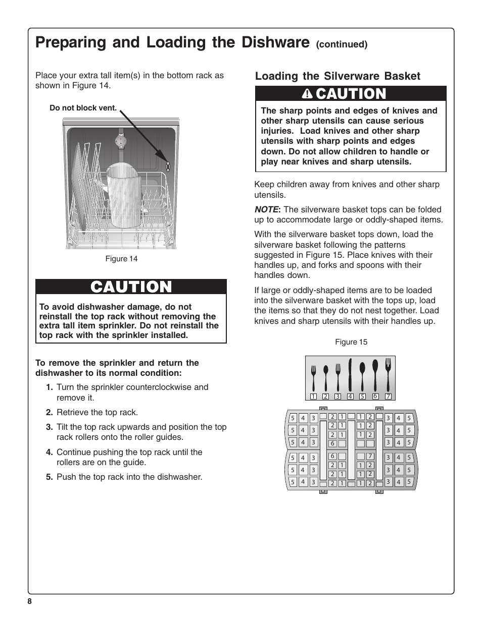 Preparing and loading the dishware, Caution, Loading the silverware basket | Continued) | Bosch SHE47C0 User Manual | Page 10 / 64