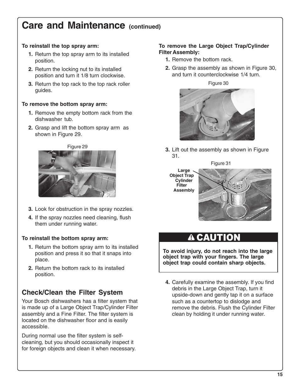 Care and maintenance, Caution, Check/clean the filter system | Bosch SHE47C0 User Manual | Page 17 / 64