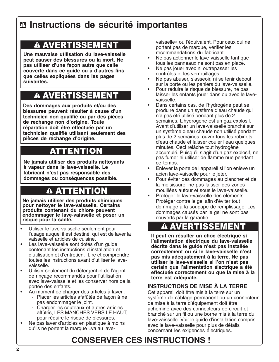 Instructions de sécurité importantes, Avertissement, Attention | Conserver ces instructions | Bosch SHE47C0 User Manual | Page 24 / 64