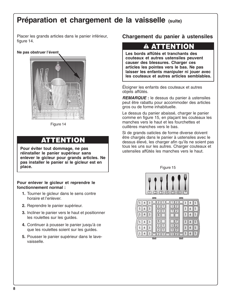 Préparation et chargement de la vaisselle, Attention, Chargement du panier à ustensiles | Suite) | Bosch SHE47C0 User Manual | Page 30 / 64