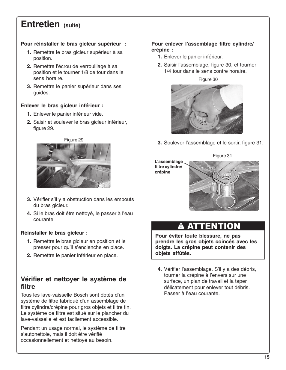 Entretien, Attention, Vérifier et nettoyer le système de filtre | Bosch SHE47C0 User Manual | Page 37 / 64